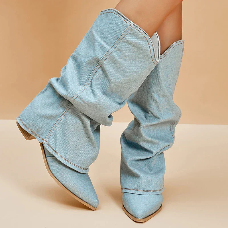 Women's Denim Cowboy Boots with High Western Pointed Toe