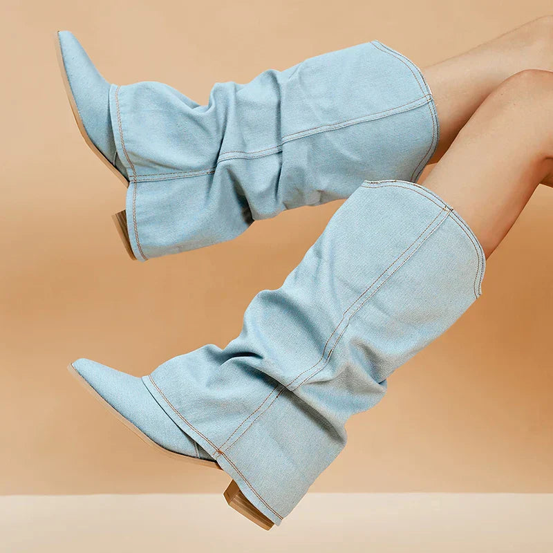 Women's Denim Cowboy Boots with High Western Pointed Toe