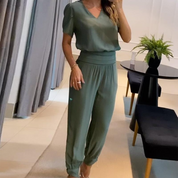 Elegant Two-Piece Set with V-Neck Top and Pants