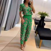 Elegant Two-Piece Set with V-Neck Top and Pants