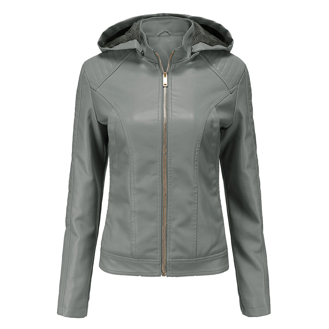 Leather Women's Jacket with Removable Hood and Zipper