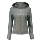 Leather Women's Jacket with Removable Hood and Zipper