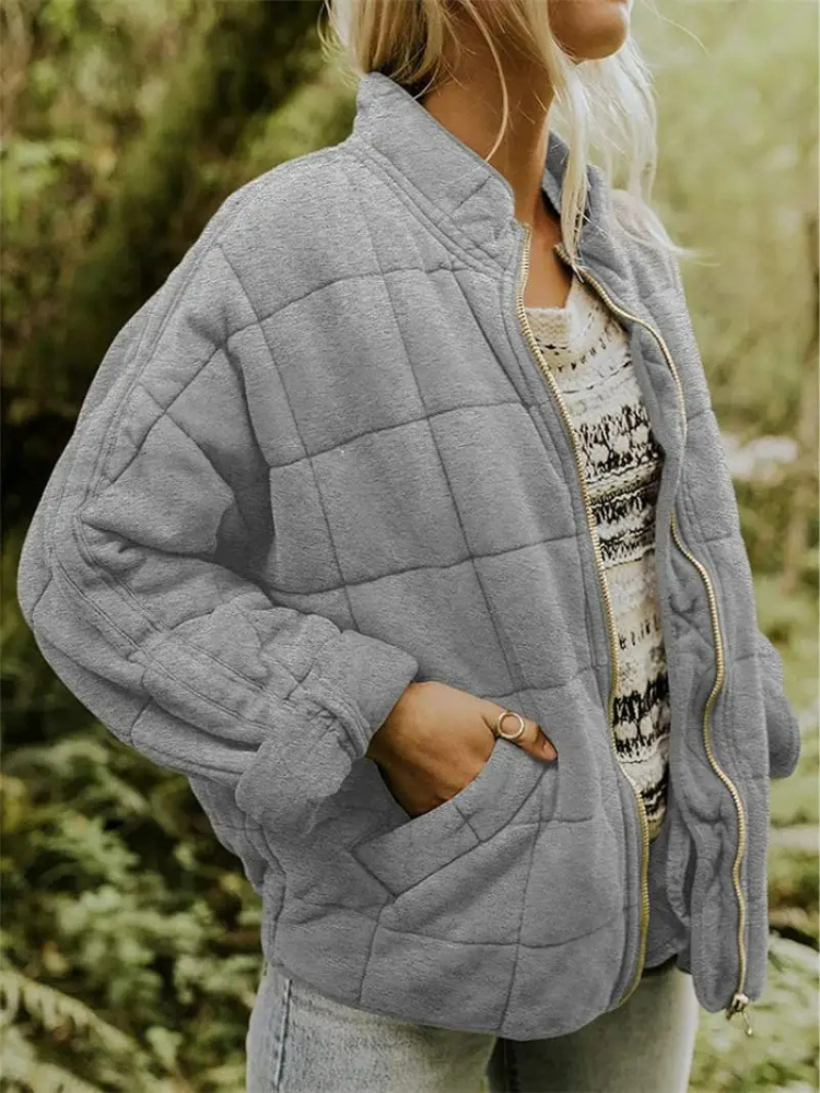 Quilted Bomber Jacket with Zipper and Side Pockets