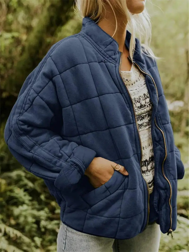 Quilted Bomber Jacket with Zipper and Side Pockets