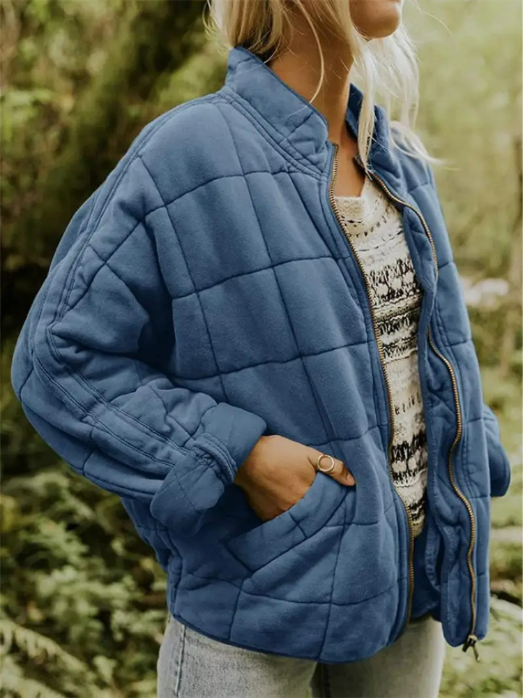 Quilted Bomber Jacket with Zipper and Side Pockets