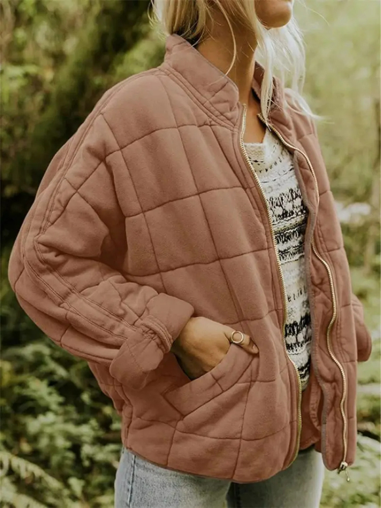 Quilted Bomber Jacket with Zipper and Side Pockets