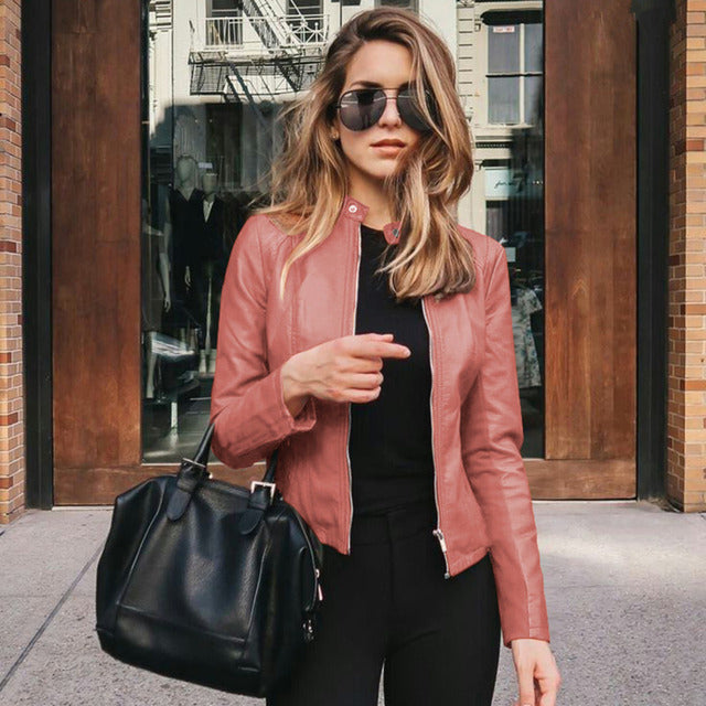 Tailored Women's Leather Biker Jacket with Zipper and Stand-Up Collar