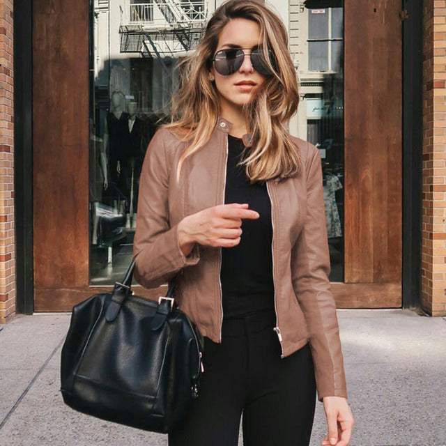 Tailored Women's Leather Biker Jacket with Zipper and Stand-Up Collar