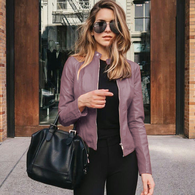 Tailored Women's Leather Biker Jacket with Zipper and Stand-Up Collar