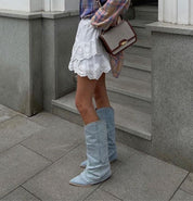 Women's Denim Cowboy Boots with High Western Pointed Toe