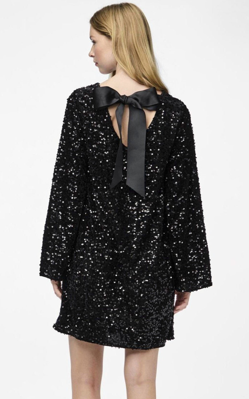 Glitter Chic Women's Mini Cocktail Dress with Open Back and Bow