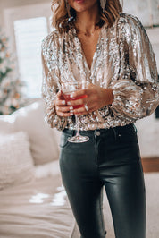 Elegant Women's Party Blouse with Glitter Sequins & Long Sleeves