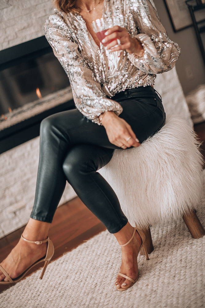 Elegant Women's Party Blouse with Glitter Sequins & Long Sleeves
