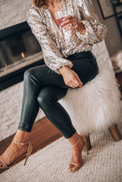 Elegant Women's Party Blouse with Glitter Sequins & Long Sleeves