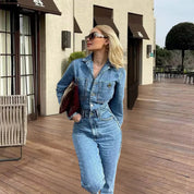 Trendy Women's Denim Jumpsuit with Long Sleeves and Button Closure