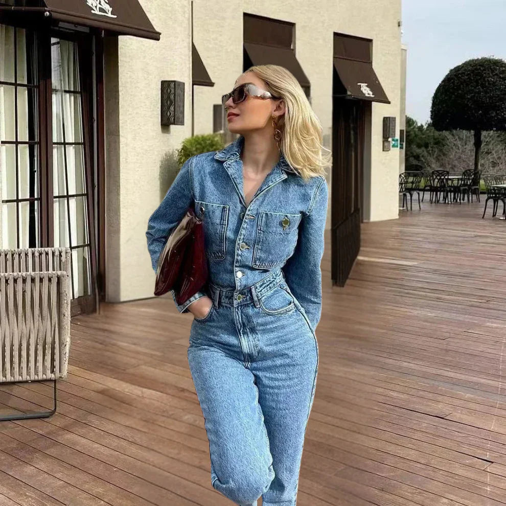 Trendy Women's Denim Jumpsuit with Long Sleeves and Button Closure