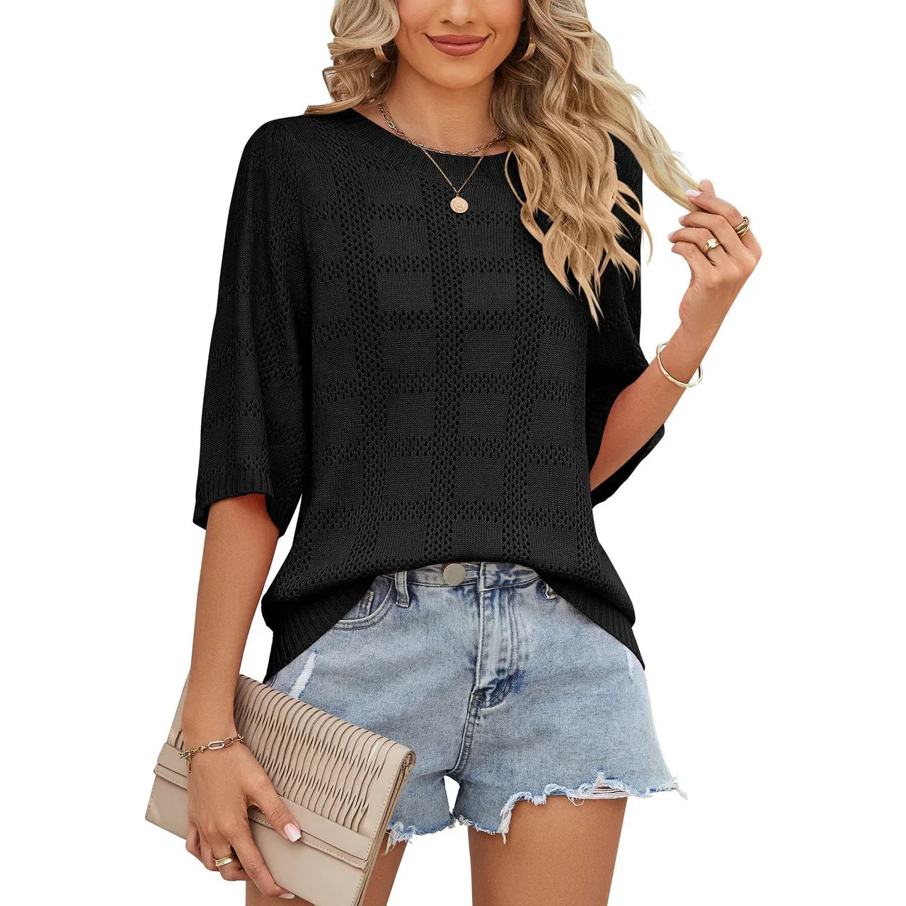 Fine-Knit Top with Openwork Pattern for Women