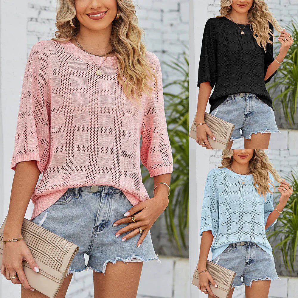 Fine-Knit Top with Openwork Pattern for Women