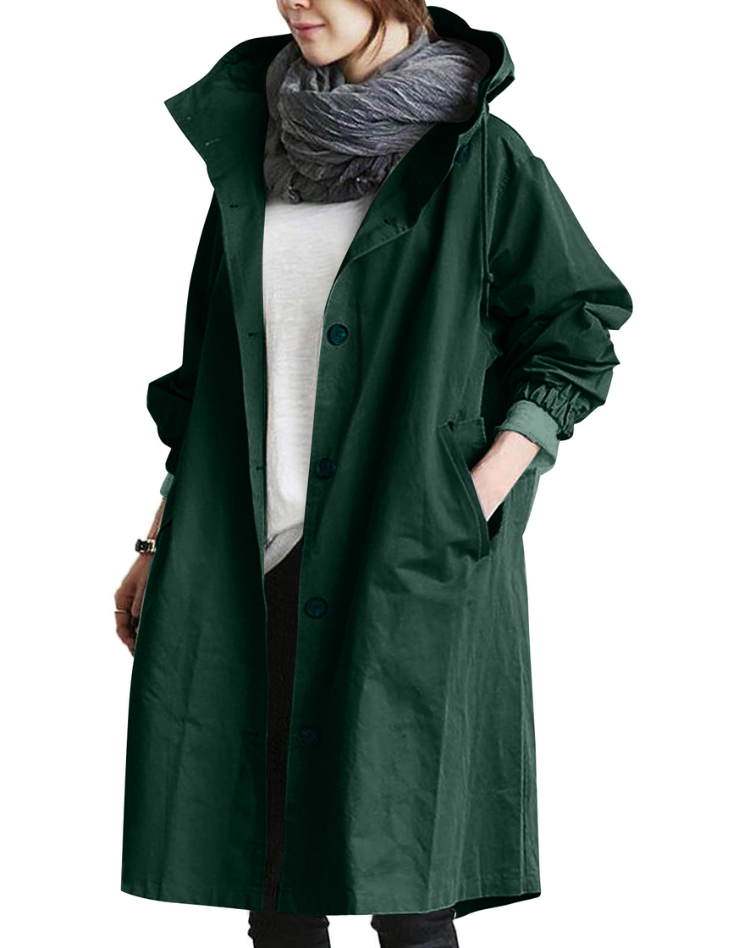 Waterproof Long Women's Trench Coat with Hood and Buttons