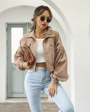 Cropped Corduroy Bomber Jacket for Women with Lantern Sleeves