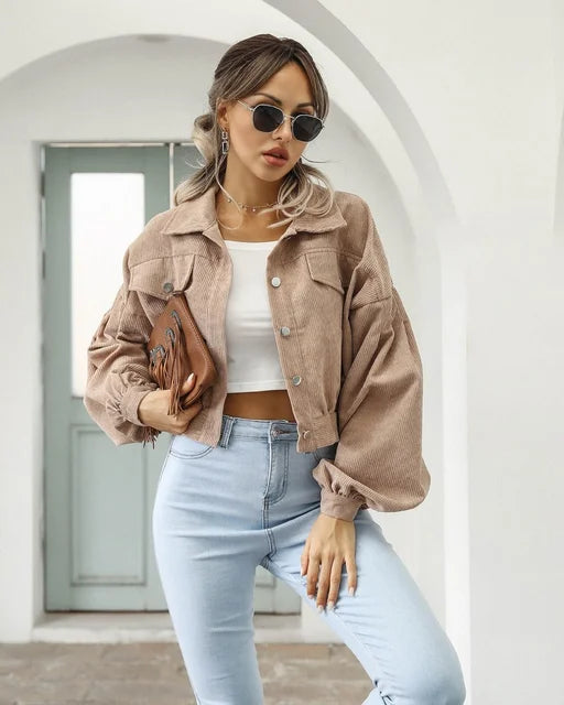 Cropped Corduroy Bomber Jacket for Women with Lantern Sleeves