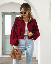 Cropped Corduroy Bomber Jacket for Women with Lantern Sleeves