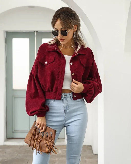 Cropped Corduroy Bomber Jacket for Women with Lantern Sleeves