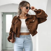 Cropped Corduroy Bomber Jacket for Women with Lantern Sleeves