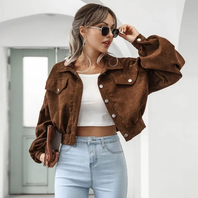 Cropped Corduroy Bomber Jacket for Women with Lantern Sleeves