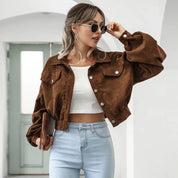 Cropped Corduroy Bomber Jacket for Women with Lantern Sleeves