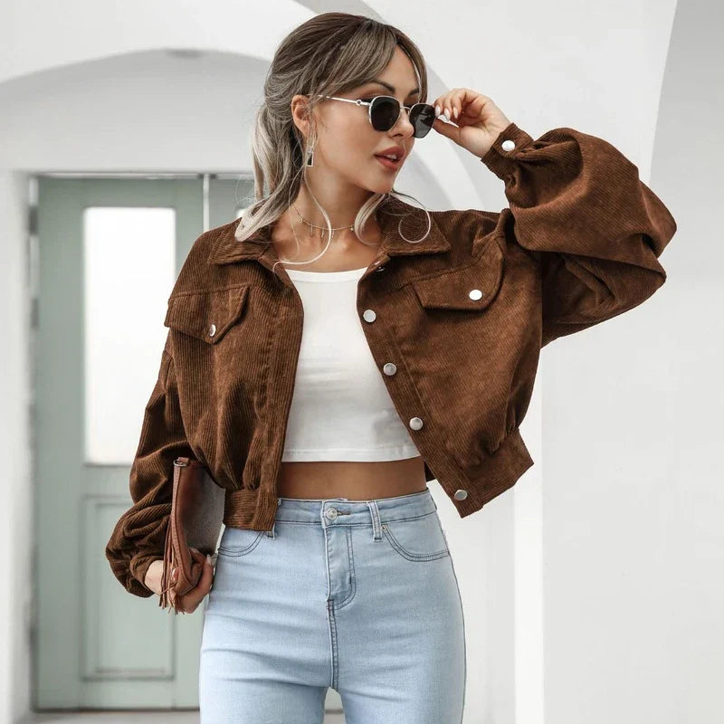 Cropped Corduroy Bomber Jacket for Women with Lantern Sleeves