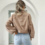 Cropped Corduroy Bomber Jacket for Women with Lantern Sleeves