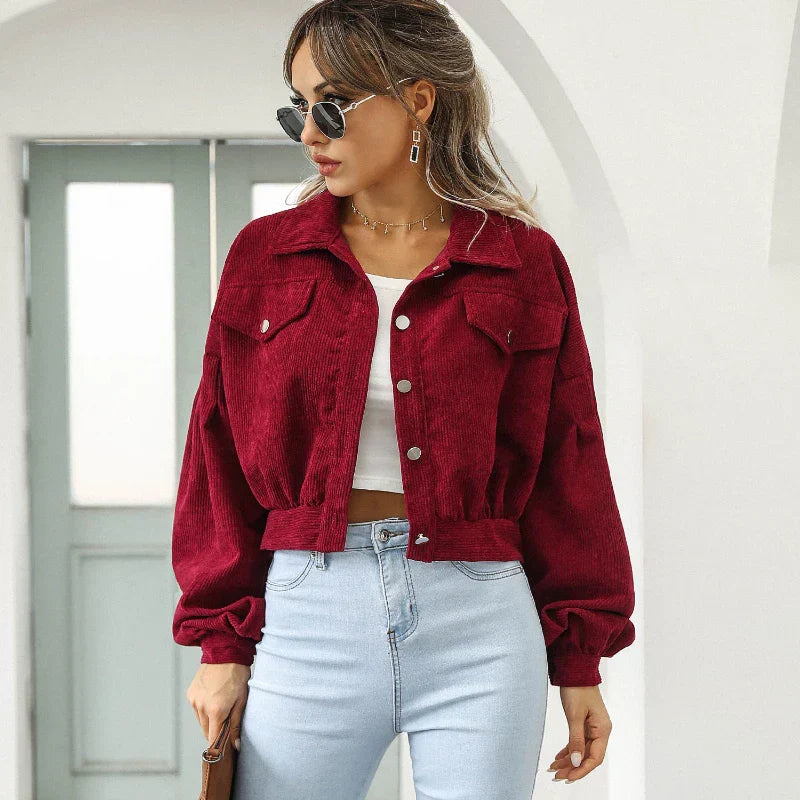 Cropped Corduroy Bomber Jacket for Women with Lantern Sleeves