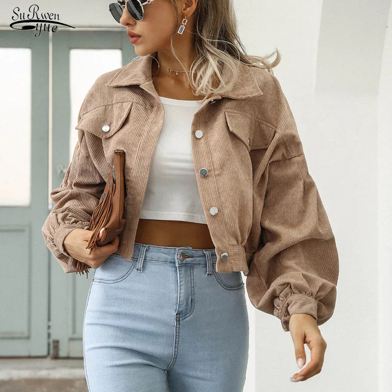 Cropped Corduroy Bomber Jacket for Women with Lantern Sleeves