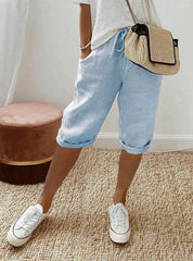 Linen Capri Pants with Drawstring and Pockets for Women