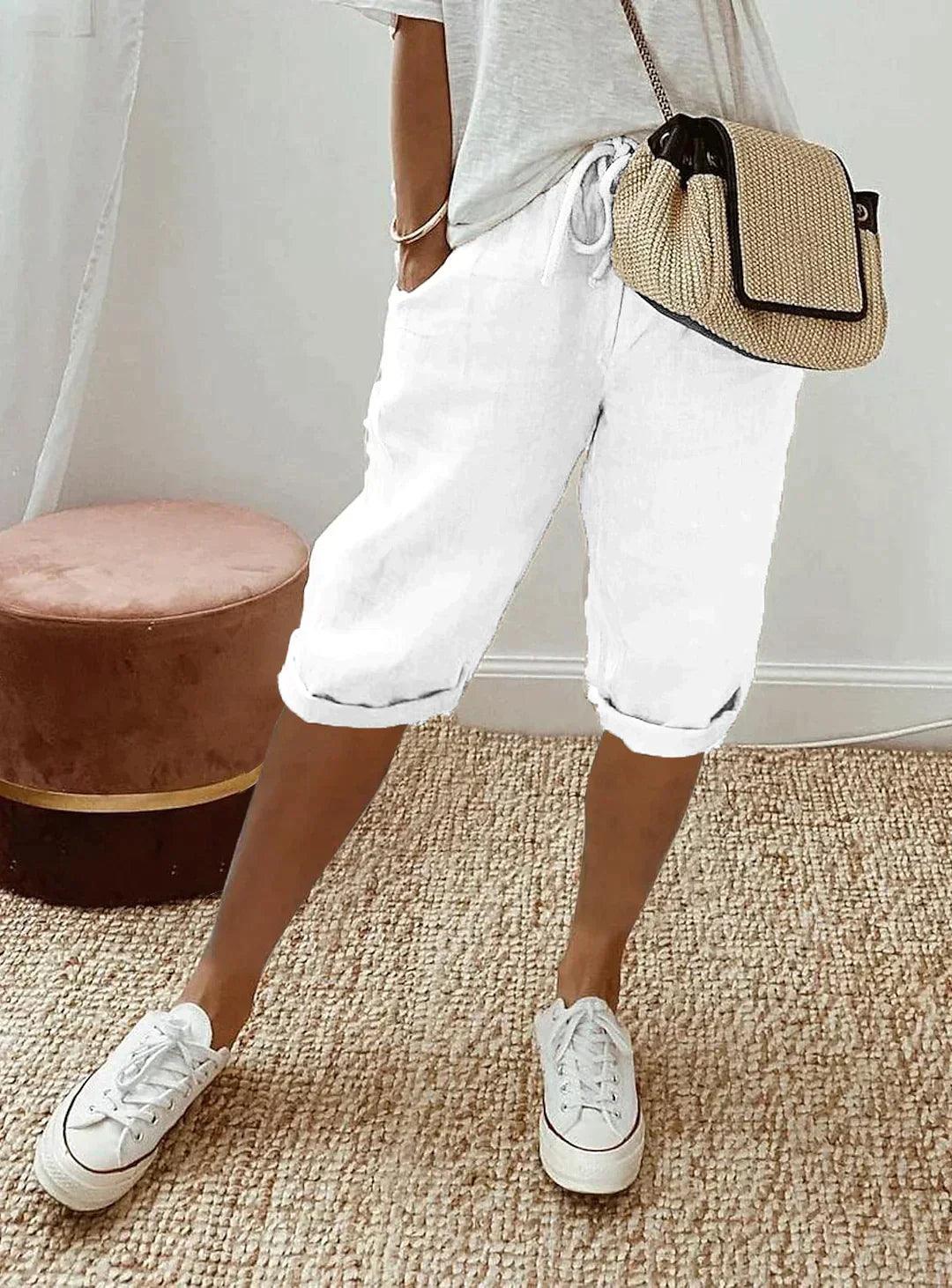 Linen Capri Pants with Drawstring and Pockets for Women