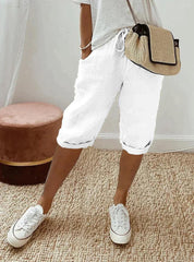 Linen Capri Pants with Drawstring and Pockets for Women