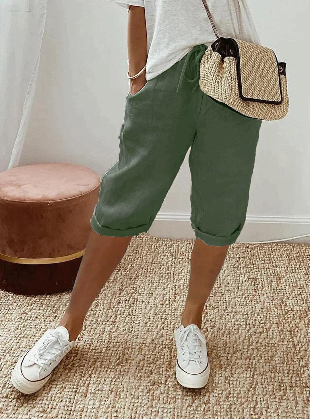 Linen Capri Pants with Drawstring and Pockets for Women