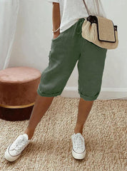 Linen Capri Pants with Drawstring and Pockets for Women