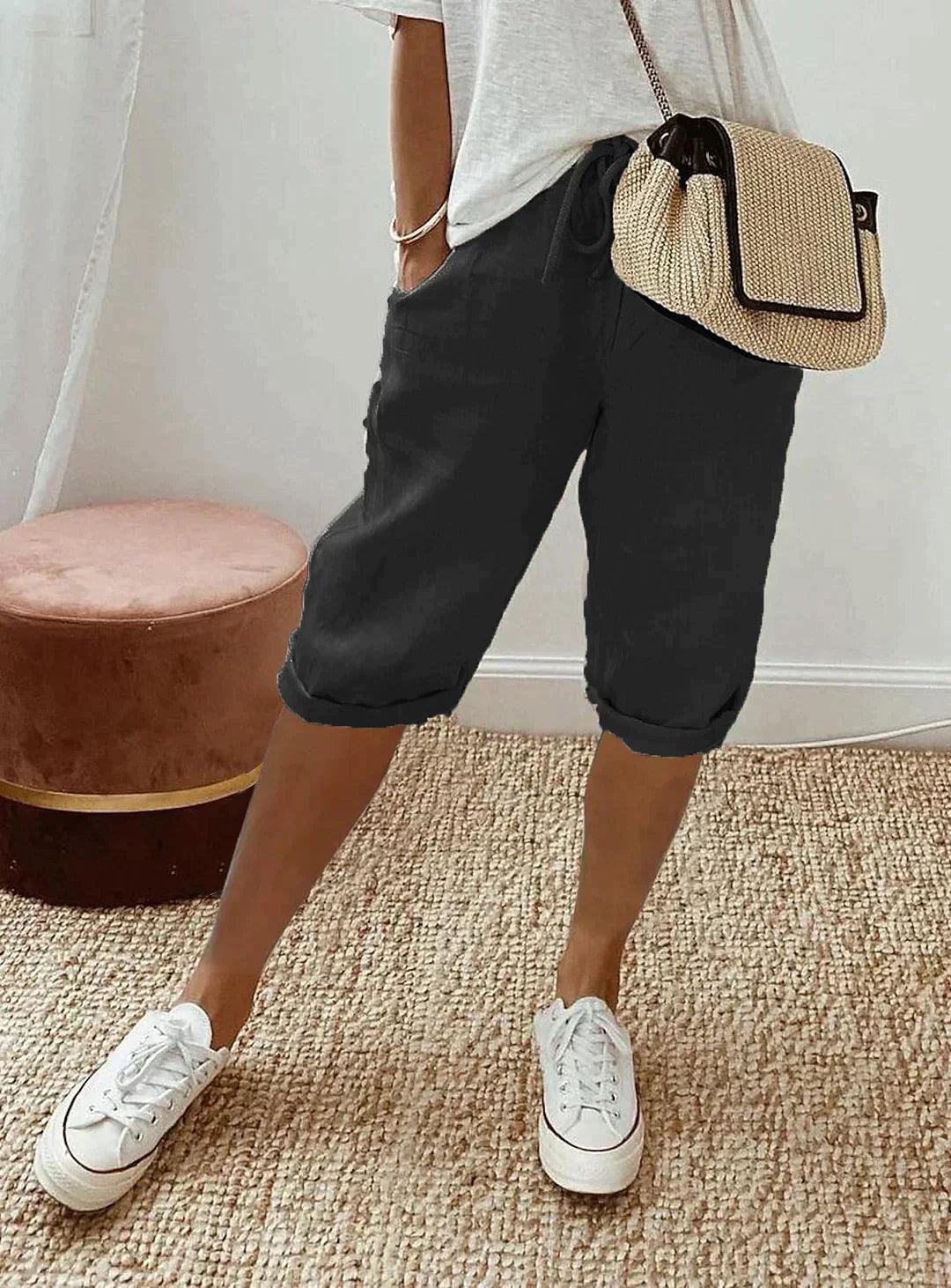 Linen Capri Pants with Drawstring and Pockets for Women