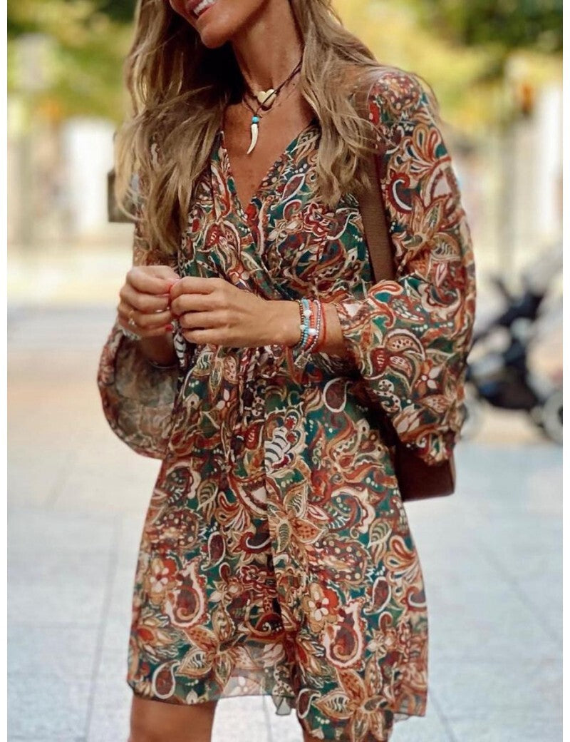 Summer Women’s Boho Mini Dress With Long Sleeves And Print