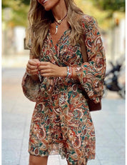 Summer Women’s Boho Mini Dress With Long Sleeves And Print