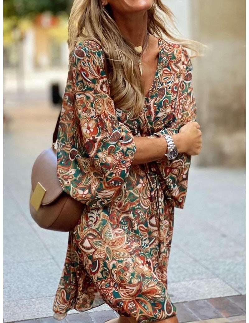 Summer Women’s Boho Mini Dress With Long Sleeves And Print