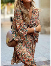 Summer Women’s Boho Mini Dress With Long Sleeves And Print