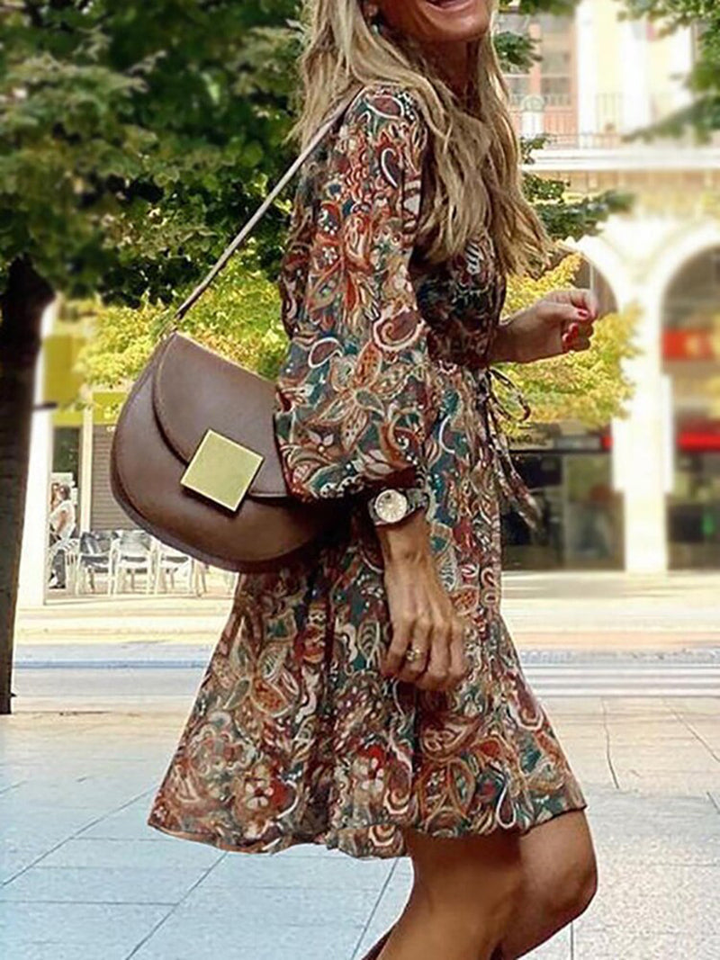Summer Women’s Boho Mini Dress With Long Sleeves And Print