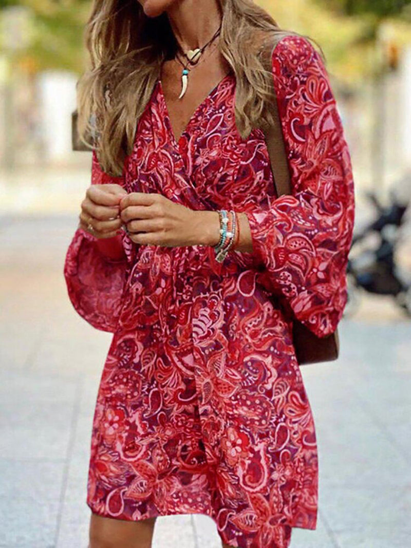 Summer Women’s Boho Mini Dress With Long Sleeves And Print