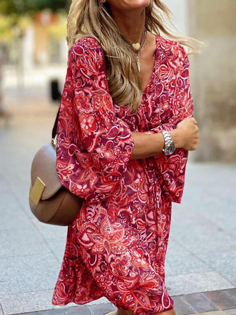 Summer Women’s Boho Mini Dress With Long Sleeves And Print