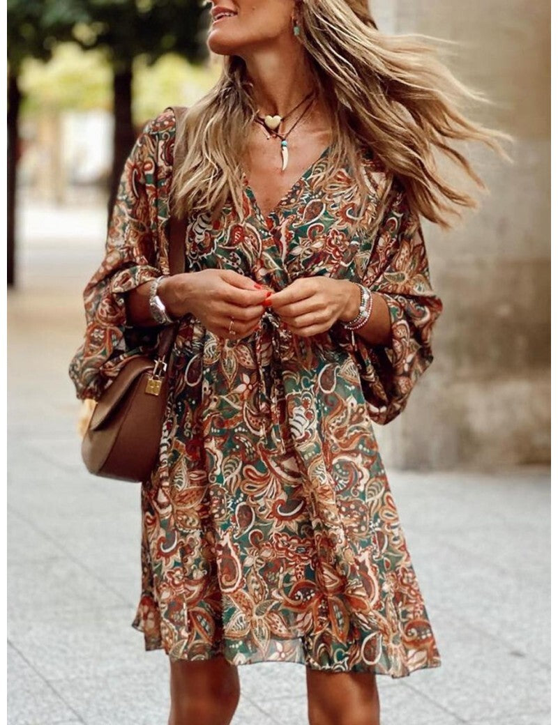 Summer Women’s Boho Mini Dress With Long Sleeves And Print