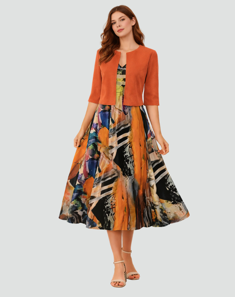 Two-piece set with floral midi dress and short jacket