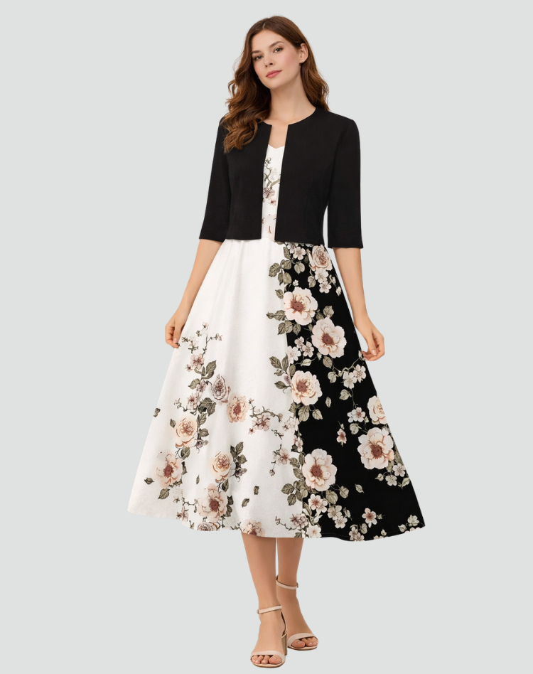 Two-piece set with floral midi dress and short jacket